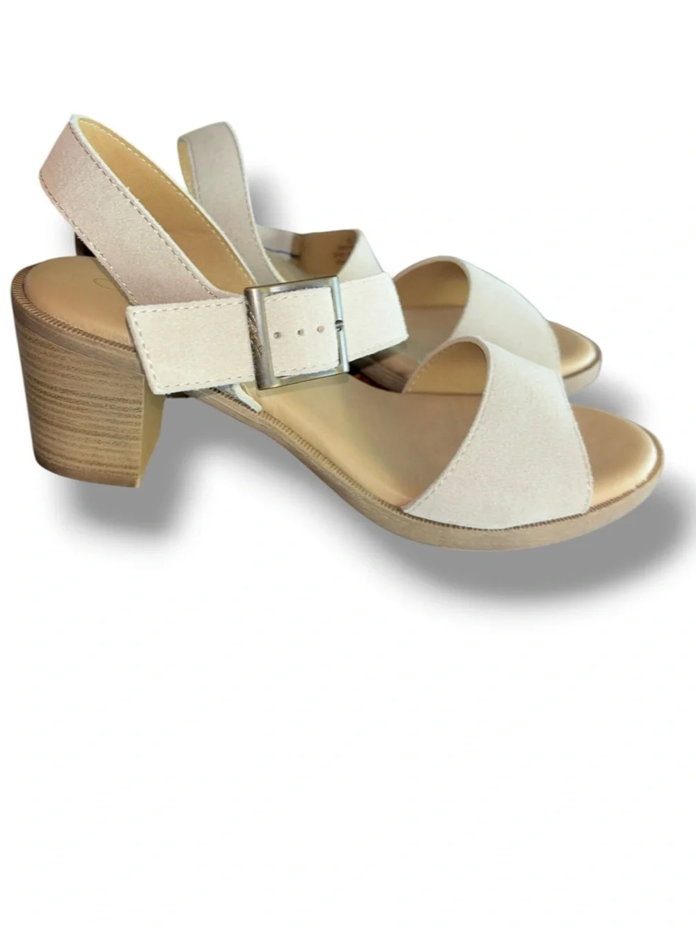 Angela Azzi Italian Made Suede Slingback Block Heel Sandals Beige 9.5 NWOT